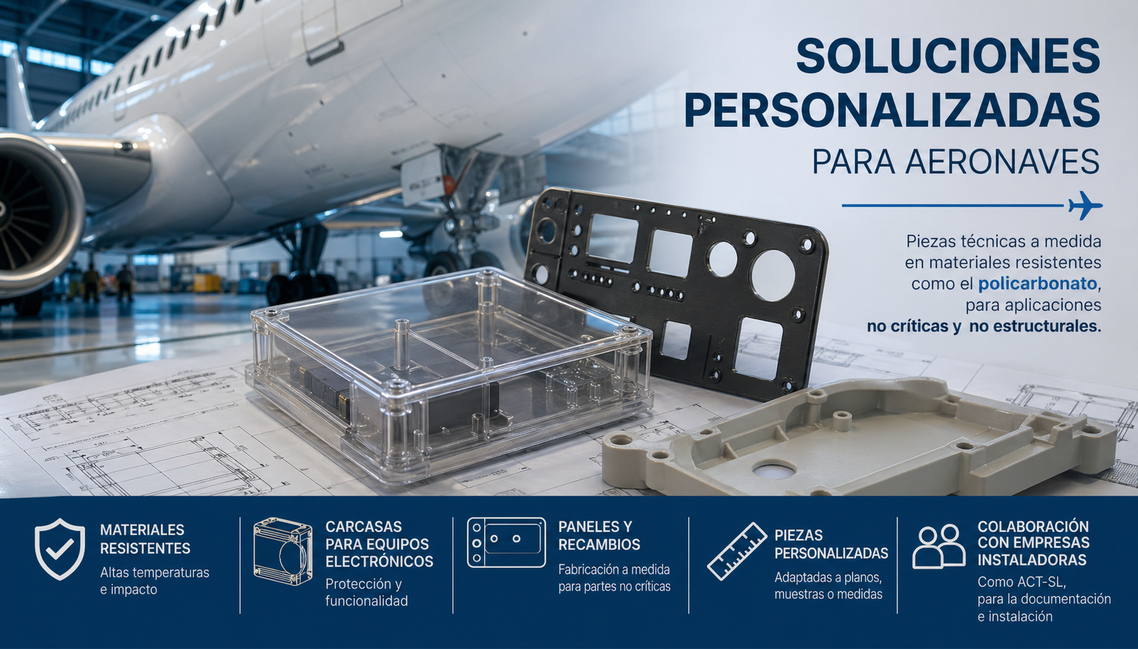 Piezas técnicas personalizadas para aeronaves fabricadas en materiales resistentes como policarbonato, incluyendo carcasas, paneles y recambios no críticos.