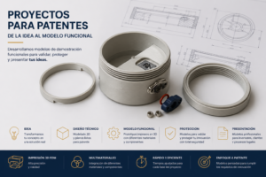 Modelo funcional impreso en 3D para proyectos de patentes, con diseño técnico, planos, componentes multmaterial y piezas ensambladas.
