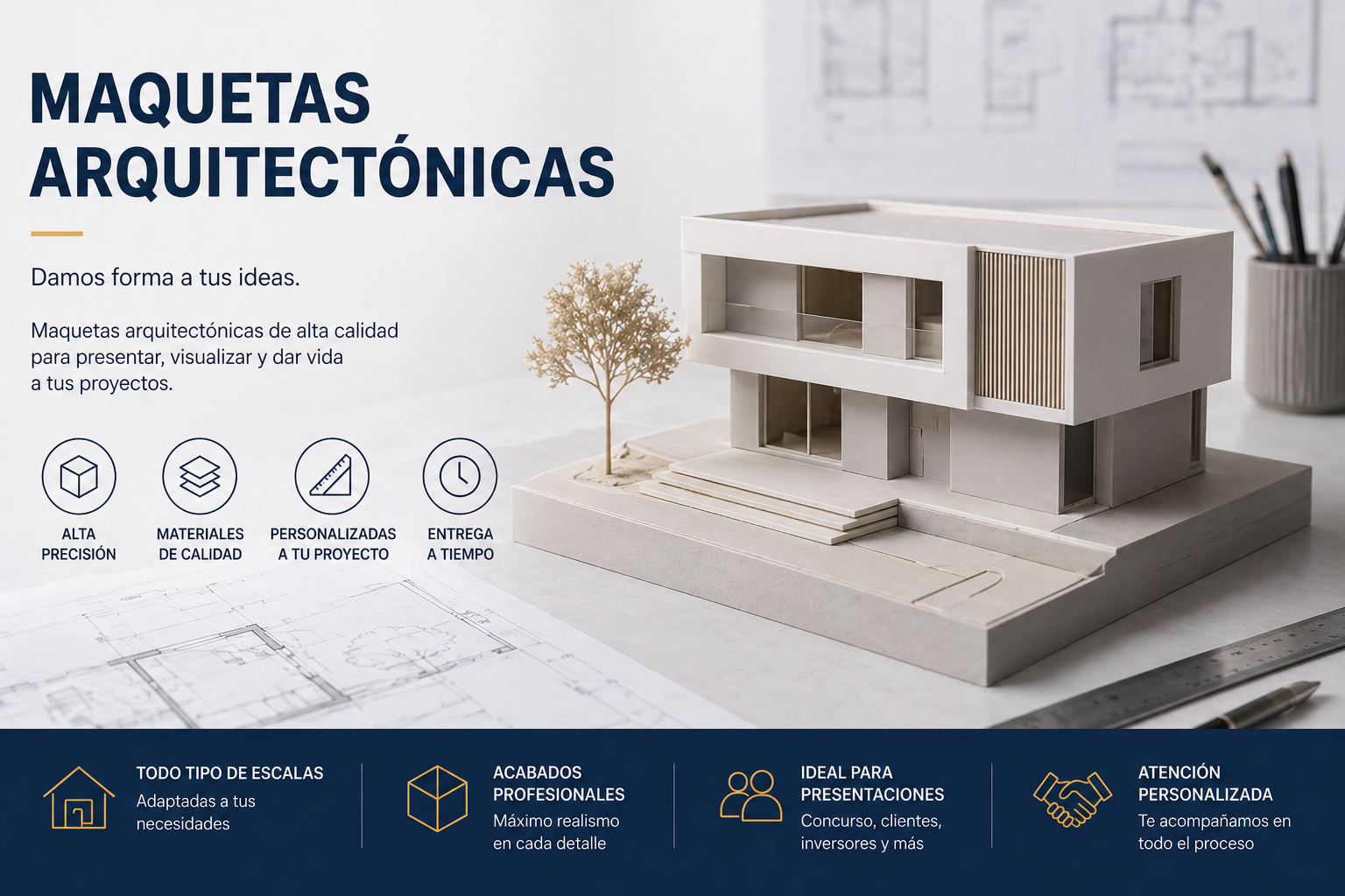 Maqueta arquitectónica impresa en 3D de una vivienda moderna, utilizada para presentar proyectos de arquitectura de forma visual y profesional.